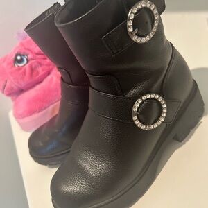 Black Leather Chunky Heel Boots with Crystal Buckles